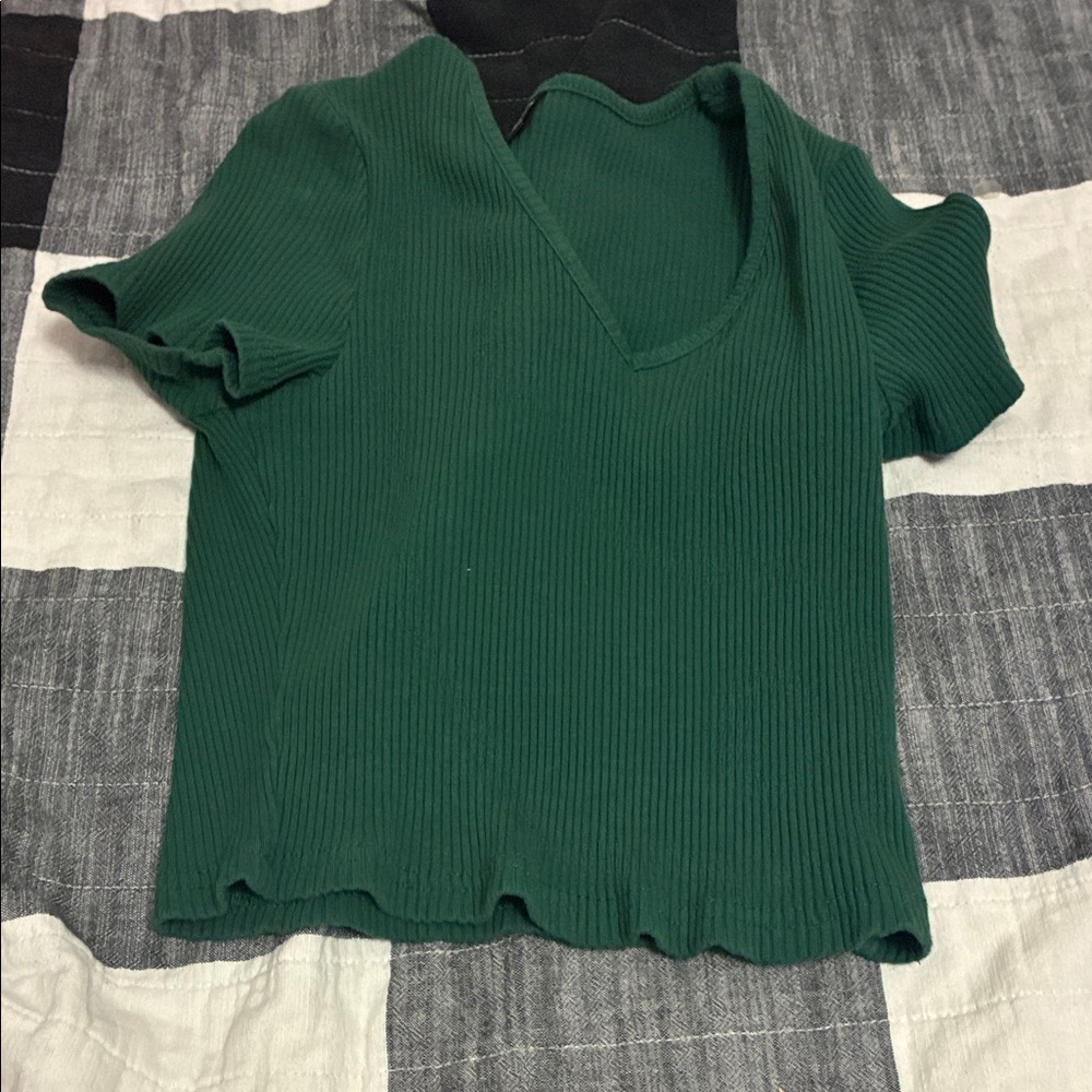 Green V-Neck Ribbed Women's Top
